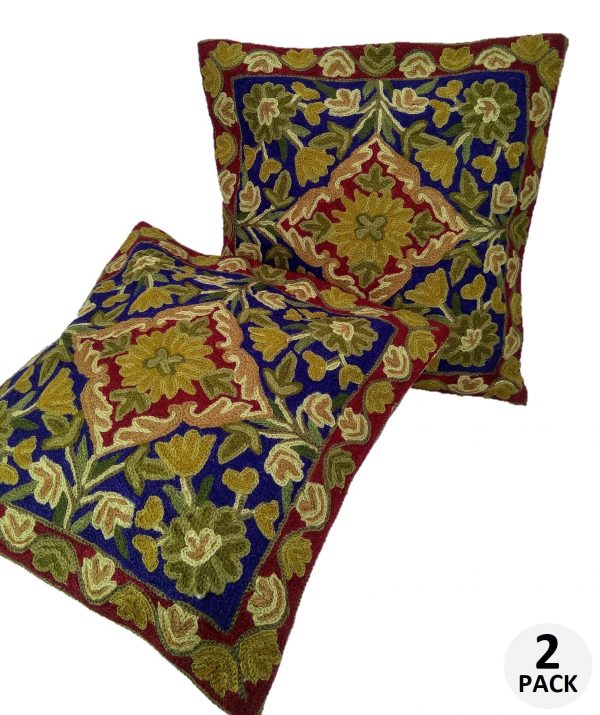 Kashmir Hand Embroidered Cushion Covers 16 x 16 Crewel Chain Stitch