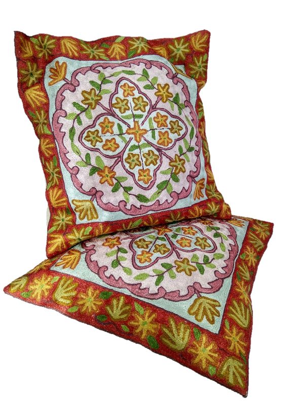 Kashmir Hand Embroidered Cushion Covers 16 x 16 Crewel Chain Stitch - Image 2